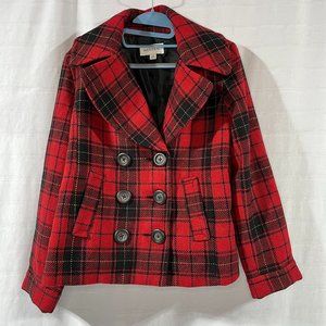 Women's Merona Buffalo Red & Black Plaid Coat / Jacket / Pea Coat, Size Medium